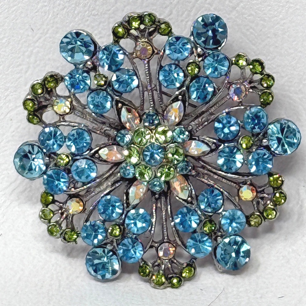Juliana Style Brooch Pendant 2" Blue Green Crystal Silver Tone Bail Glam Vtg
